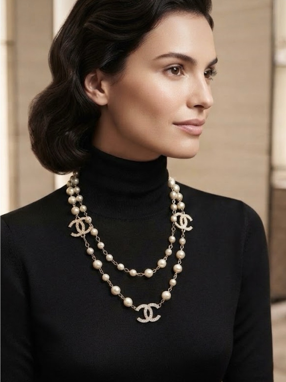 Brand New!!  Fashion Gold-Tone Pearl Double-C Station Layered Necklace